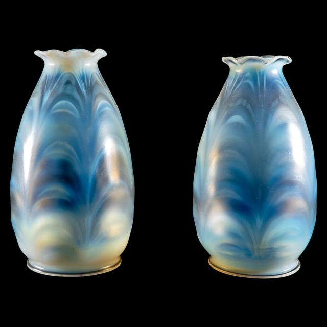 A Pair of Opalescent Glass Shades with Striking Feathered Patterns & a Flared Petal-Shaped Rim