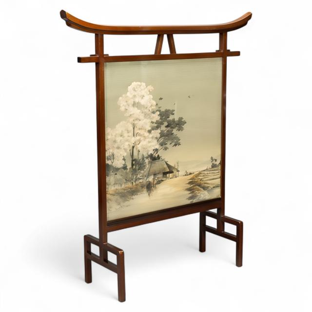 Edward William Godwin. A Rare & Important Anglo-Japanese Walnut & Silk Fire Screen in the Japanese Torii Gate Style