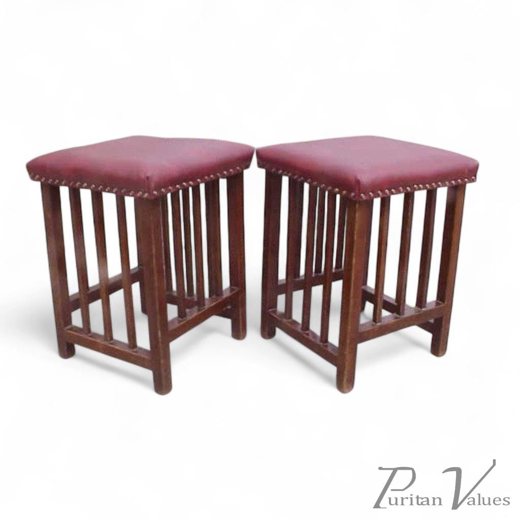 Wylie & Lochhead. Pair of Arts & Crafts Glasgow School Stools with Slatted Sides