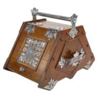 Dr. C. Dresser, attributed. Aesthetic Movement Walnut Coal Scuttle with Stylized Mounts