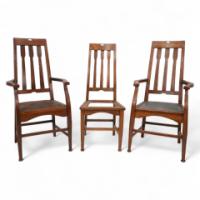 Two Glasgow-Style Arts & Crafts Oak Armchairs & a Single Matching Dining Chair