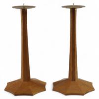 Edward Barnsley, a Pair of Arts & Crafts Oak Candlesticks with Spider Web Bases