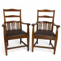 Walter Cave Attributed – Arts and Crafts Pair of Oak Armchairs with Curved Backs