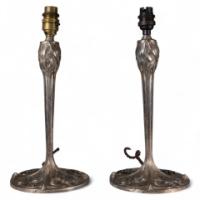 Pair of Arts & Crafts Silver-Plated Table Lamps with Stylised Floral Relief