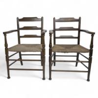 Morris and Co. A Rare Pair of Arts and Crafts Ladder Back Rush Seat Armchairs. - Thumbnail 1