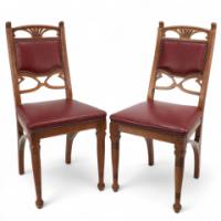 Pair of French Art Nouveau Oak Dining Chairs with Whiplash Side Stretchers