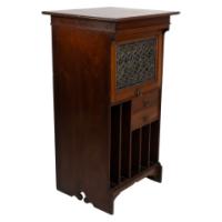 Liberty & Co Moorish walnut music cabinet with bottle neck glass up & over door - Thumbnail 1