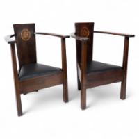 M H Baillie Scott A Pair of Arts & Crafts Armchairs With Foliate & Ribbon Inlays - Thumbnail 1