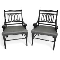 Jas Shoolbred, attributed. A Pair of Anglo-Japanese Ebonized Open Armchairs