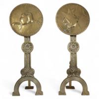 Thomas Jeckyll Attributed, Pair of Anglo-Japanese Brass Fire Dogs with Love Birds