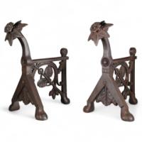 Pair of Arts and Crafts Cast Iron Fire Dogs in the Style of Dr C. Dresser