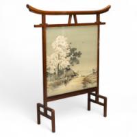 Edward William Godwin. A Rare & Important Anglo-Japanese Walnut & Silk Fire Screen in the Japanese Torii Gate Style