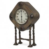 An Arts & Crafts Silver Plated Mantel Clock with Mottled Blue Ruskin Jewels