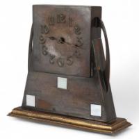 Glasgow School Patinated Brass Clock with Mother-of-Pearl Inlay c.1900