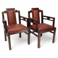 Sir Frank Brangwyn Attributed, Pair of Arts & Crafts Mahogany Armchairs Chinese Style - Thumbnail 1