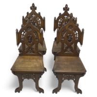 Four Gothic Revival Oak Hall Chairs - Thumbnail 1