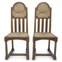 George Walton, attributed. Pair of Arts & Crafts Chairs with Bold Chequer Inlays
