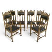Set of Six Arts & Crafts Chairs with Stylized Floral Inlays Using Pewter Ebony
