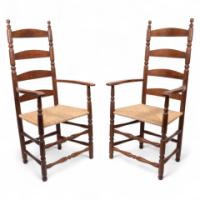 Ernest Gimson. A Pair of Yew Wood Ladder Back & Bobbin Turned Armchairs - Thumbnail 1