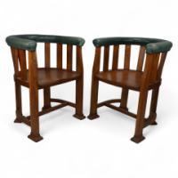 Waring & Gillow. Ten Arts & Crafts Oak Tub Chairs with Shaped Solid Seats