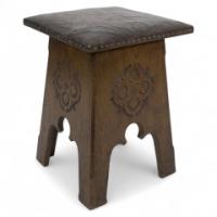 Liberty & Co., An Arts & Crafts Moorish Oak Stool with Embossed Leather Seat - Thumbnail 1