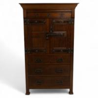 Arts & Crafts Oak Linen Press by Liberty and Co with Fleur De Lys carved details - Thumbnail 1