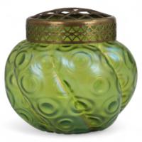 Loetz (attributed). A Green Swirl Glass Flower Holder with Decorative Brass Top - Thumbnail 1