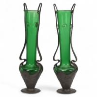 Osiris Pewter. a Pair of Art Nouveau Pewter and Green Glass Twin- Handled Vases