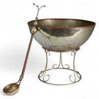 Arts and Crafts Style Silver-Plated Punch Bowl on Scroll Stand with Ladle