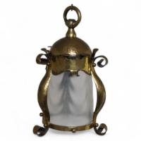 Arts and Crafts – Hammered Brass Lantern with Opaque Ribbed Glass Liner, c.1905