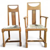G M Ellwood for J S Henry. A rare and important Arts and Crafts oak armchair and matching side chair - Thumbnail 1