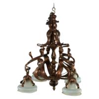 An Impressive Arts & Crafts Copper Chandelier with Original Vaseline Shades - Thumbnail 1