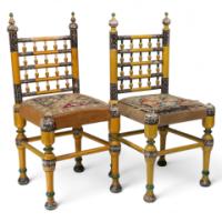 Indian Rajasthani a Pair of Polychrome Painted Chairs with Gilt Chord Embroidery