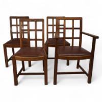 Heals of London, attributed. A Set of Three Arts & Crafts Lattice-back Chairs with Matching Armchair - Thumbnail 1