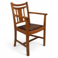 Heal’s – Arts and Crafts Oak Armchair with Chamfered Rails and Shaped Seat