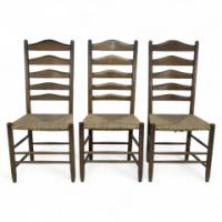 Manner of E Gimson. A Set of Three Lovely Quality Arts & Crafts Oak Ladderback Dining or Side Chairs - Thumbnail 1