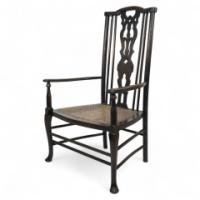 Liberty & Co attributed. A Queen Anne style fretwork back cane seat armchair - Thumbnail 1