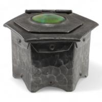 Liberty & Co., (style Of). An Arts & Crafts Pewter Inkwell with a Green Ruskin Jewel & Original Ink Liner
