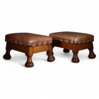 Pair of Aesthetic Movement Oak Thebes Stools – Leather Studded, c.1890
