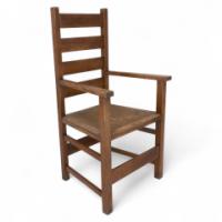 Baillie Scott for J. P. White. An Arts & Crafts Oak & Rush Seat Ladder Back Armchair - Thumbnail 1