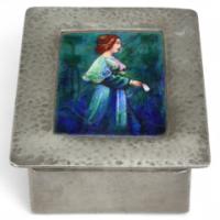 Liberty & Co., An Arts & Crafts Pewter Box with an Enamel Maiden to the Lid - Thumbnail 1