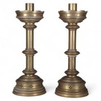 Jones & Willis – Pair of Gothic Revival Heavy Brass Castellated Candlesticks