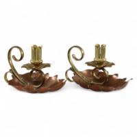 Arts and Crafts c.1900 Pair of Copper and Brass Lily Pad Candle Night Lights