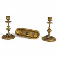 A Gothic Revival Brass Desk Set with a Pair of Candlesticks & a Matching Pen Tray