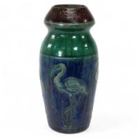 Belgian Art Pottery – Tall Earthenware Vase with Flamingo Frieze