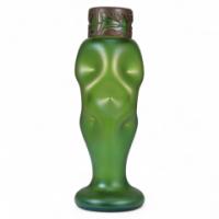 Loetz, attributed. A Tall Art Nouveau Green Iridescent Vase with Brass Floral Collar