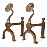 Dr. C. Dresser for Benham & Froud (stamped Mark). A Pair of Aesthetic Movement Brass Fire Dogs