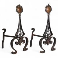 C. R. Ashbee for the Guild of Handicraft, attributed. An Early Pair of Hand Wrought Iron & Copper Fire Dogs
