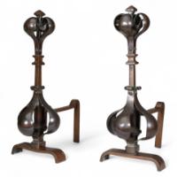 A Pair of Arts & Crafts Copper & Bronze Fire Dogs with Pyramid Style Finials