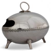 Walker Hall Sheffield in the Style of Dr. C Dresser. An Aesthetic Movement Silver Plated Ostrich Egg Shape Spoon Warmer
